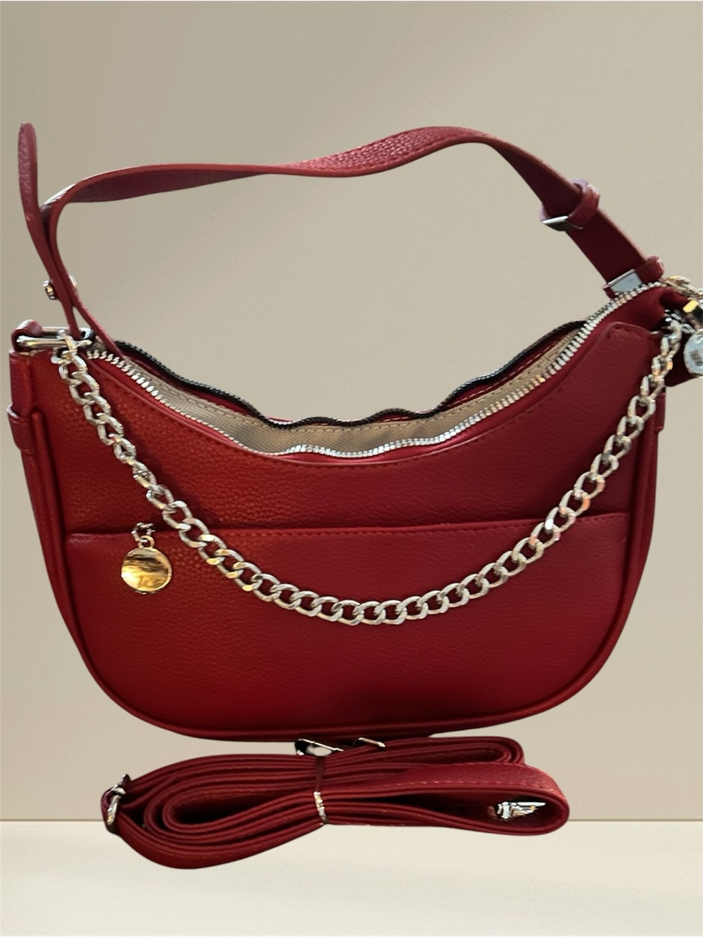 Classic Red Pebbled Crossbody with silver Chain Accent